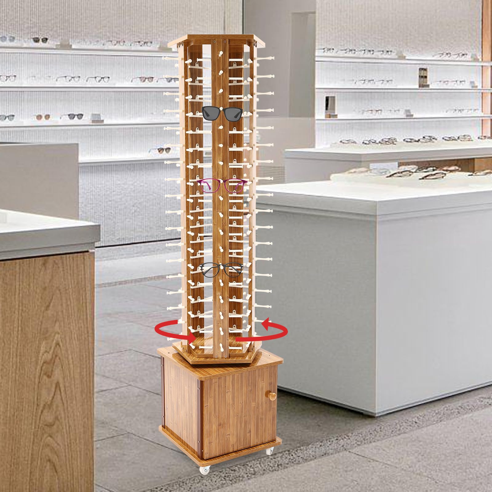 Soporte Giratorio con Ruedas para Guardar Gafas, Expositor De Pie para Gafas De Sol, Organizador Giratorio De 360° para Gafas..Dark Brown