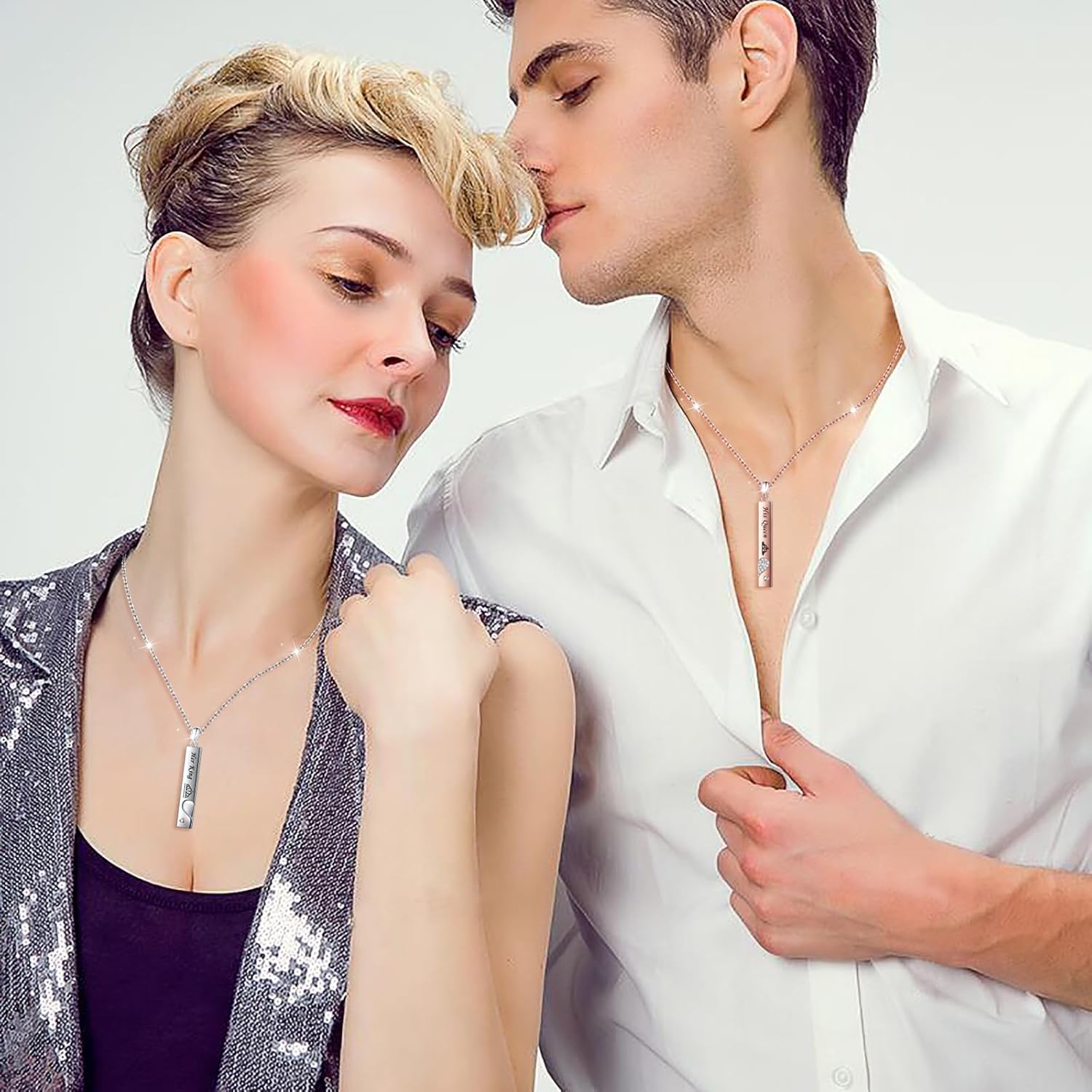 Couple Necklace Set Sterling Silver Bar Matching Necklace for Couples Her King His Queen Rose Gold/Black/Silver Necklaces Anniversary Romantic Gifts - Image 6