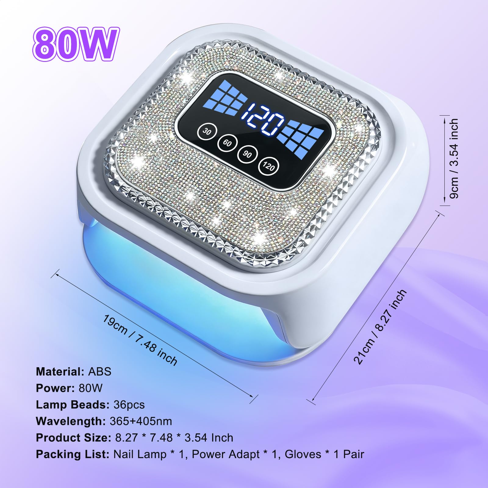 Lámpara LED UV de 80 W, secador de uñas de gel profesional con diamantes de imitación, 4 temporizadores, sensor automático, 36 cuentas LED, luz UV de curado rápido para todos los esmaltes de gel