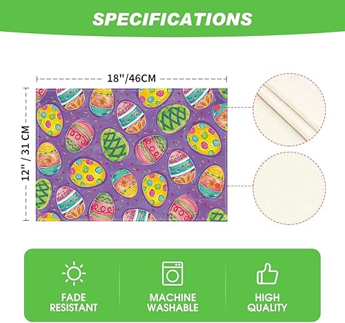 Miniatura 6 de Artoid Mode Juego de 4 manteles individuales de Pascua con huevos de acuarela morados, 12 x 18 pulgadas, manteles individuales de primavera para