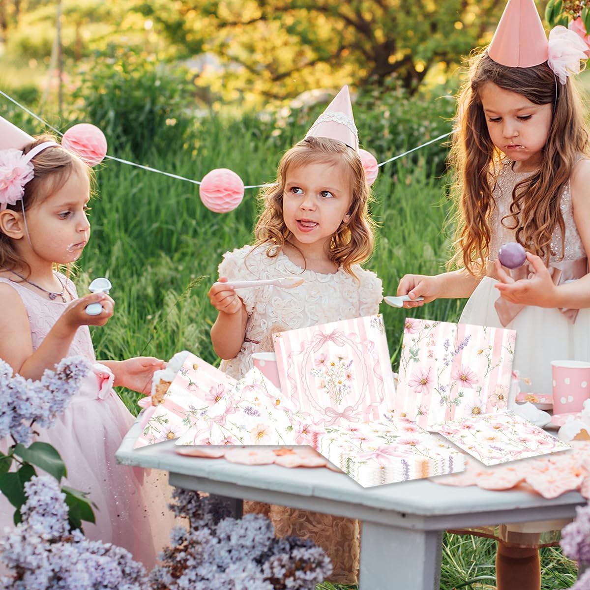 40Pcs Pink Floral Napkins - Spring Bow Flower Themed Party Decorations Decoupage Napkins for Tea Party, Birthday, Baby Shower, Bridal Shower image 4