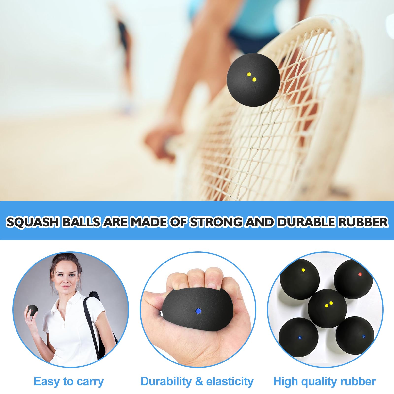 4 bolas de squash: pelota de squash de alto rebote, competición oficial, pelota de squash profesional para principiantes, competencia y entrenamiento (puntos amarillos dobles, puntos amarillos