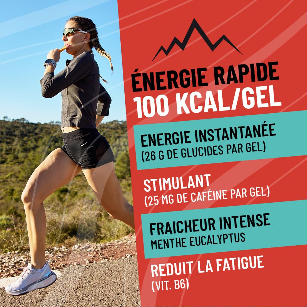 Overstim.s - Gel Red Tonic (10 sachets) - Gel énergétique pour le sport (vélo, course à pied...) - Energie instantanée - Caféine - Réduction de la fatigue - 100 kcal/gel - Saveur Menthe Eucalyptus