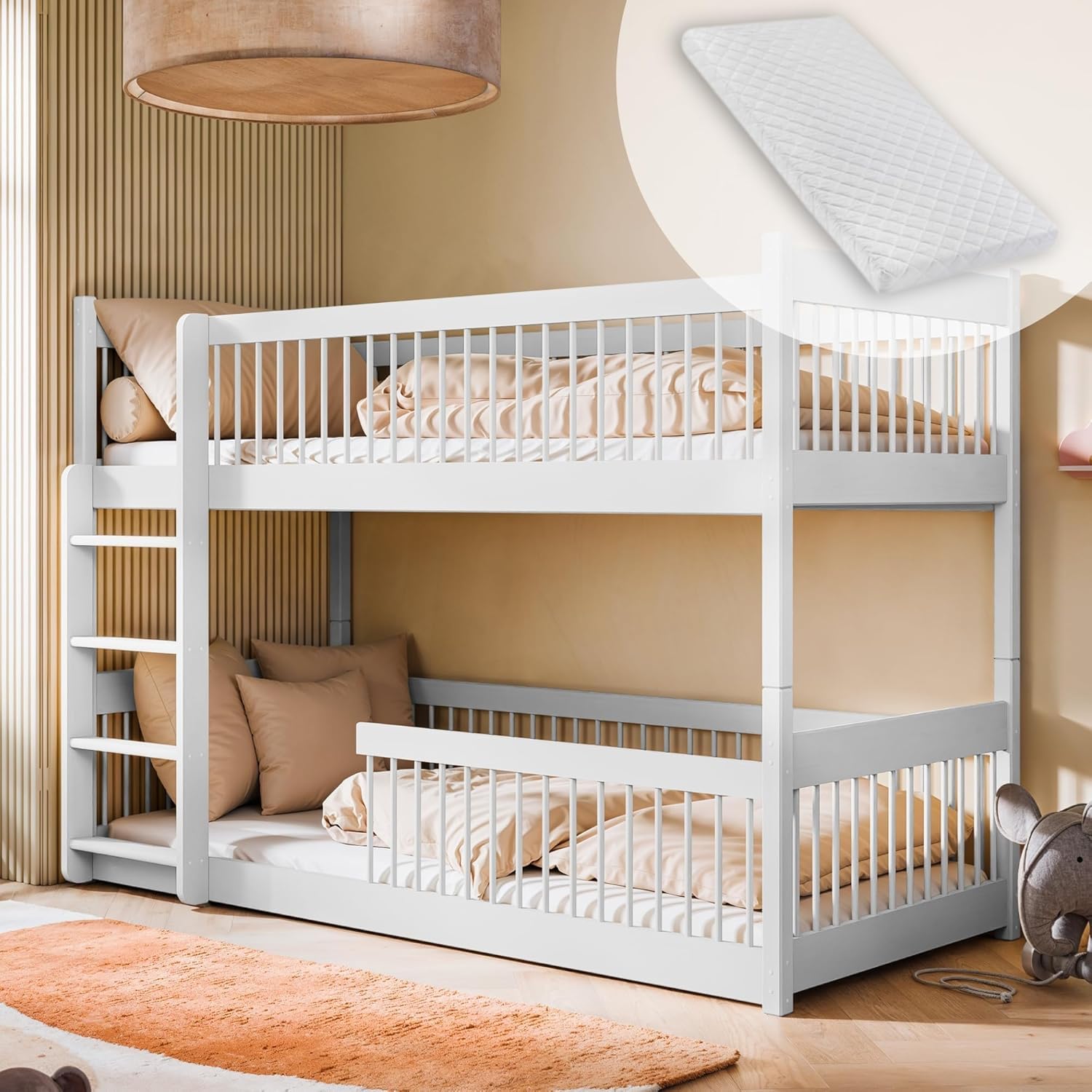 Kids Collective Hochbett Kinder Etagenbett Kinderbett Massiv Kiefernholz umbaubar zu 2 Betten inkl. 2 Matratzen | Größen: 80x180 90x190 90x200 cm | 90x200 cm von 4. bis 18. Lebensjahr Weiß