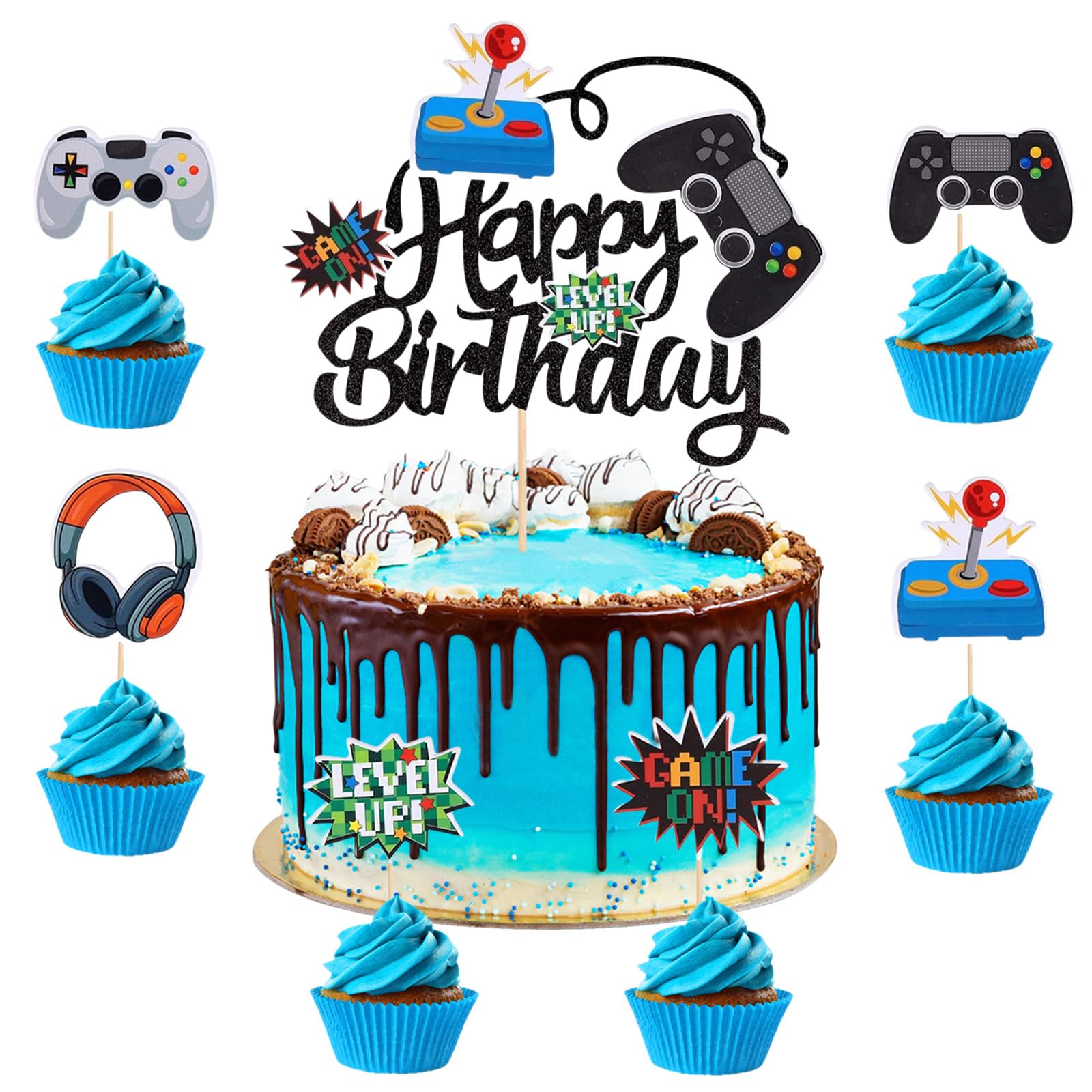 37PCS Decorazione Tortas Compleanno Videogiochi, Topper Cupcake 8 Anni, Decorazione Torta Tema Console di Gioco, Set Decorazioni Torta Buon Compleanno, Topper Cupcake per Festa Compleanno Bambini