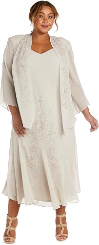 R&M Richards Women's Extra-Plus Size Beaded Midi Chiffon Jacket Dress - 2-Piece 