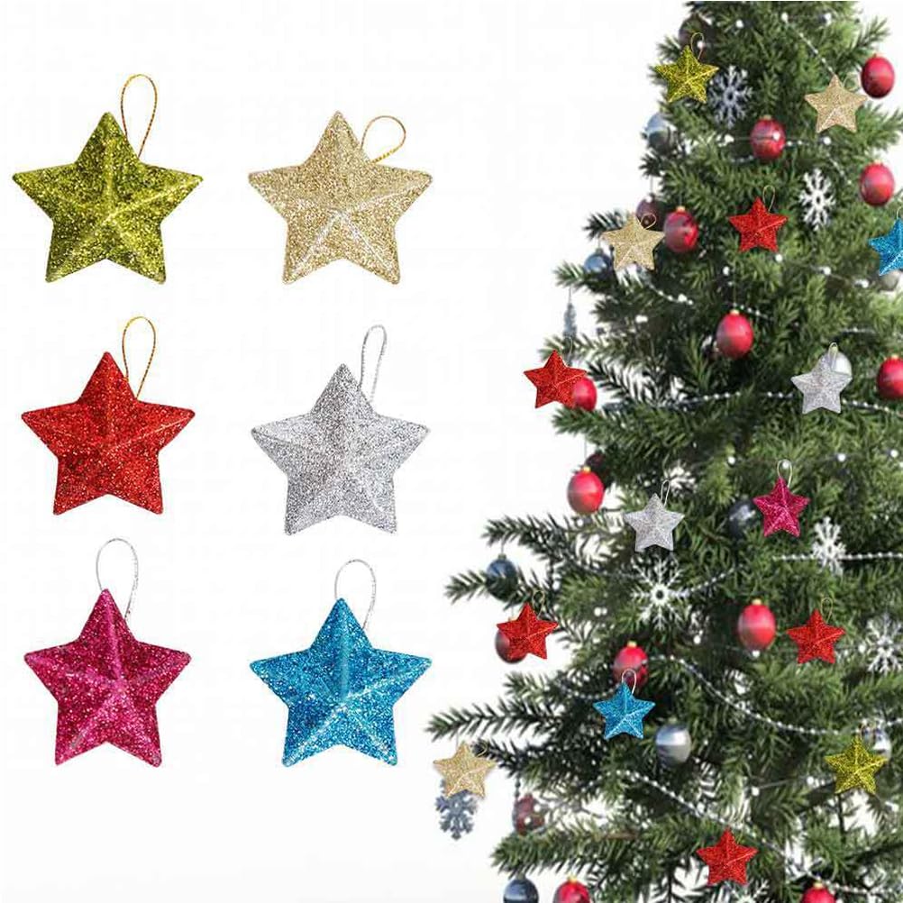 24 PCS Christmas Tree Decoration,Xmas Glitter Star Ornaments,Colorful Shiny Star Christmas Tree Hanging Decorations,Glitter Five Pointed Star for Tabletop Decoration,Xmas Star Pendant