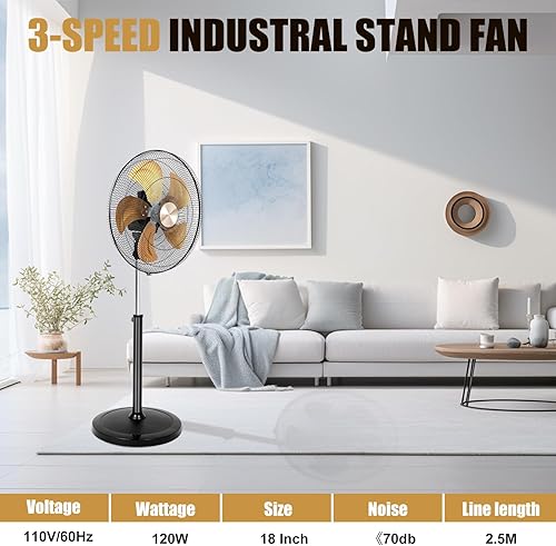 Miniatura 2 de Aottop Ventilador de pedestal oscilante de metal de alta velocidad de 18 pulgadas, 3 velocidades 120 W (aprox. 16 HP), cable de 8.2 pies, ventilador