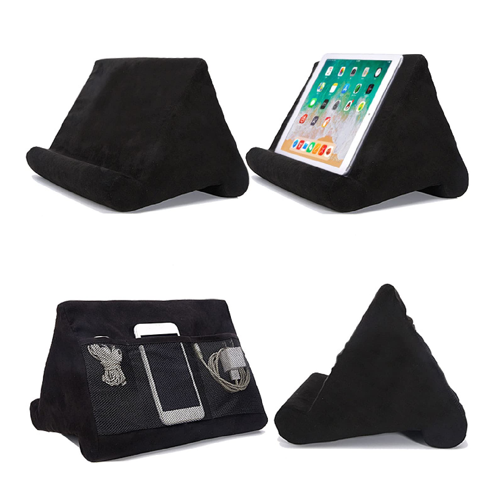 Soporte de almohada para tableta, soporte para teléfono, almohada de lectura, ángulo ajustable, soporte para tabletas con bolsillos de malla para tabletas, smartphones, libros, revistas, lectura en la