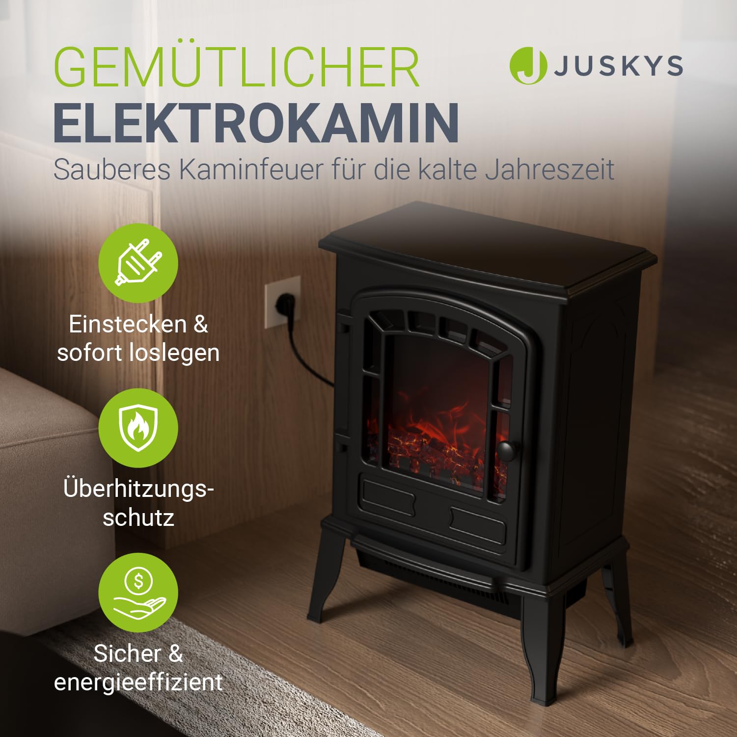 Juskys® Elektrokamin 2000 W — Schwarz, elektrischer Standkamin mit Flammeneffekt, 2 Heizstufen, Thermostat & Sicherheitsabschaltung für Wohnzimmer