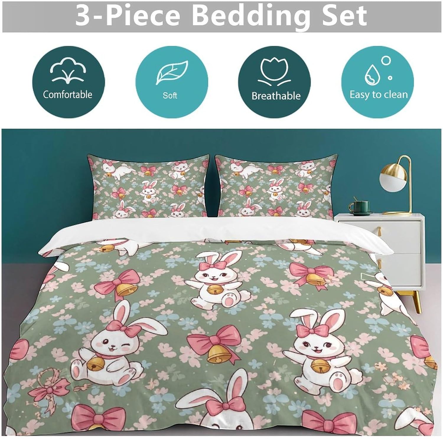 Cartoon Rabbit Breathable Sheets and Pillowcase Set 3 Piece Hotel Wrinkle Free Sheets Durable Easy Fit Shrinkage and Fade Resistant 102"x90"