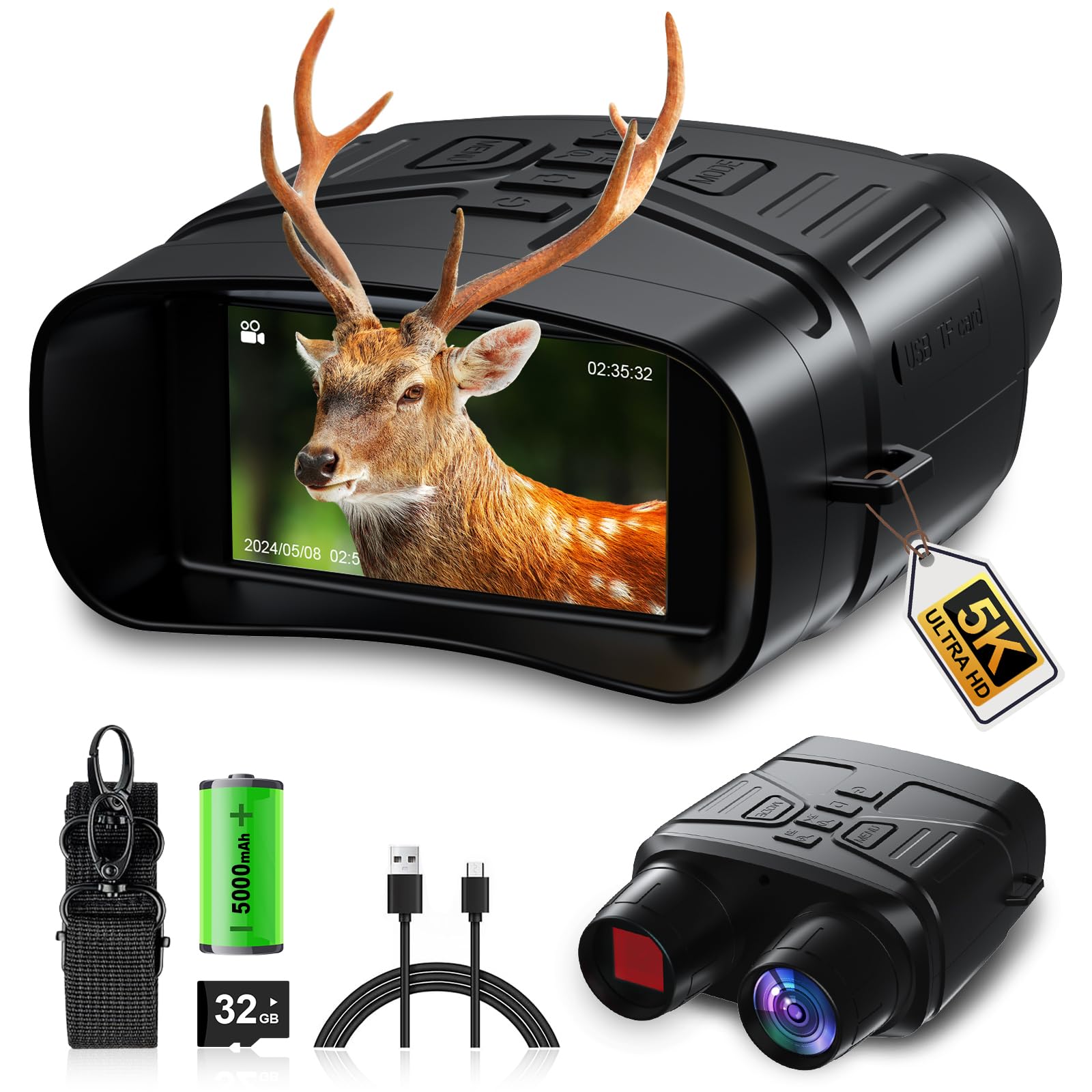 Visore Notturno Termico 5K | Binocolo Visione Notturna 10x Zoom 300m | 5000mAh IP65 | 9 IR + Schermo 3" | per Caccia, Campeggio | 32GB Inclusa | Binocoli Professionali Potenti