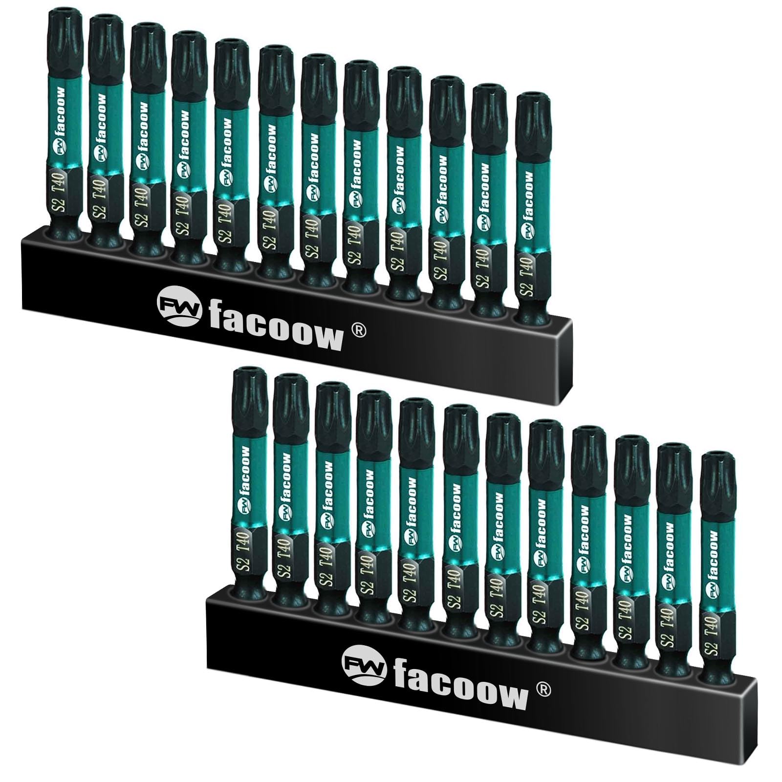 Facoow Juego de 24 brocas Torx T40 de 2 pulgadas de largo, juego de brocas Torx con puntas magnéticas, juego de brocas de estrella de acero de aleación S2, juego de brocas de par de impacto