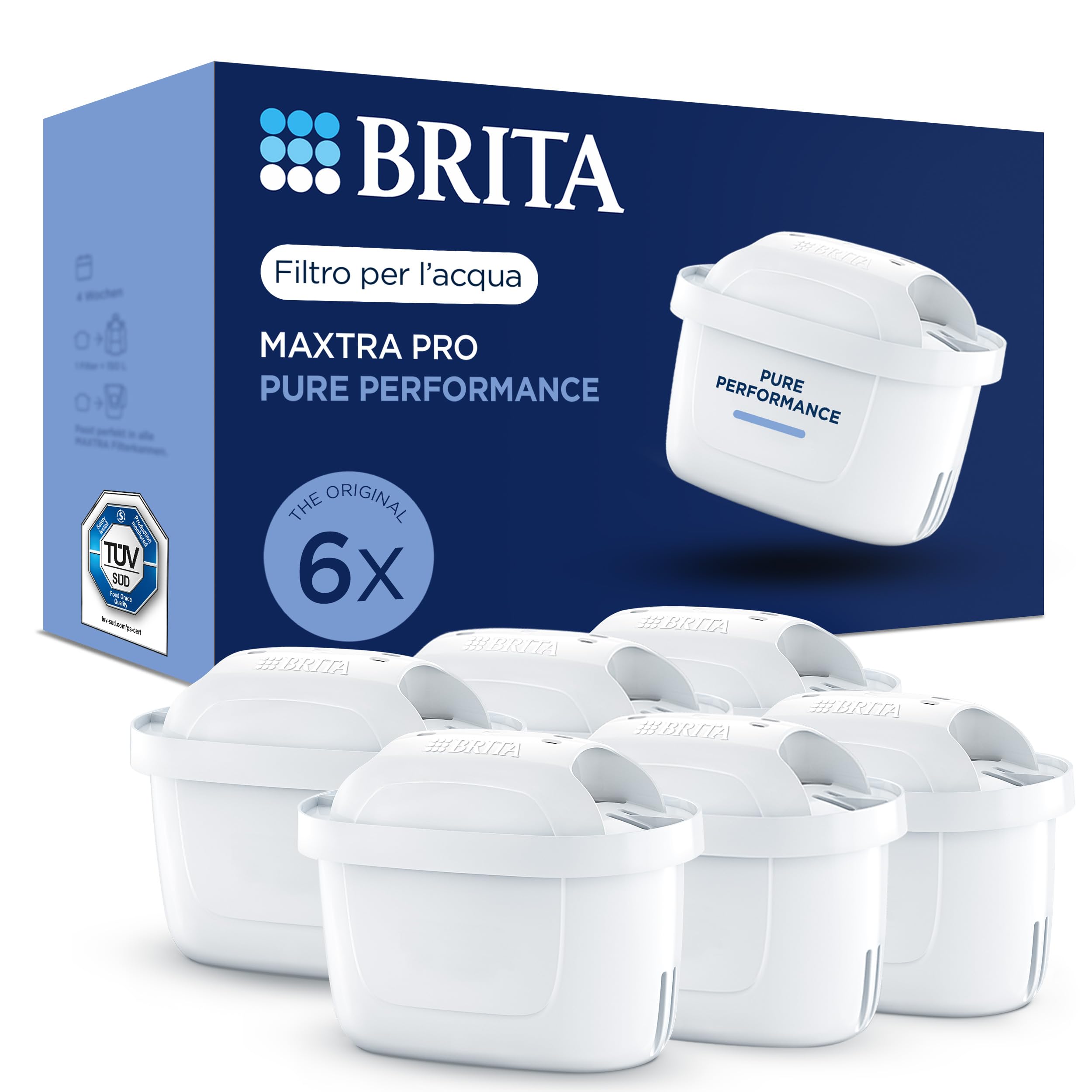 BRITA Filtro acqua rubinetto MAXTRA PRO Pure Performance - 6 pezzi | Filtri per acqua originali compatibile con caraffe filtranti BRITA riduce cloro,calcare, PFAS e metalli (scorta semestrale)