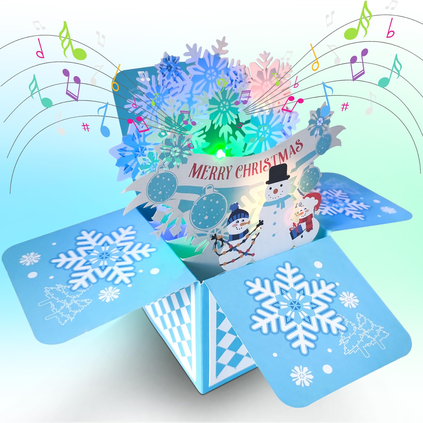 Carte De Noël Musicale Et Lumineuse 3D - Pop-Up Père Noël Et Bonhomme De Neige, 18x18 Cm, Avec Enveloppe