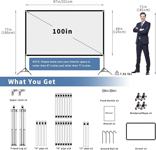 Miniatura 3 de Pantalla de proyector con soporte de 100 pulgadas, 169 4K HD Pantalla de proyector portátil para interiores y exteriores, pantalla de película