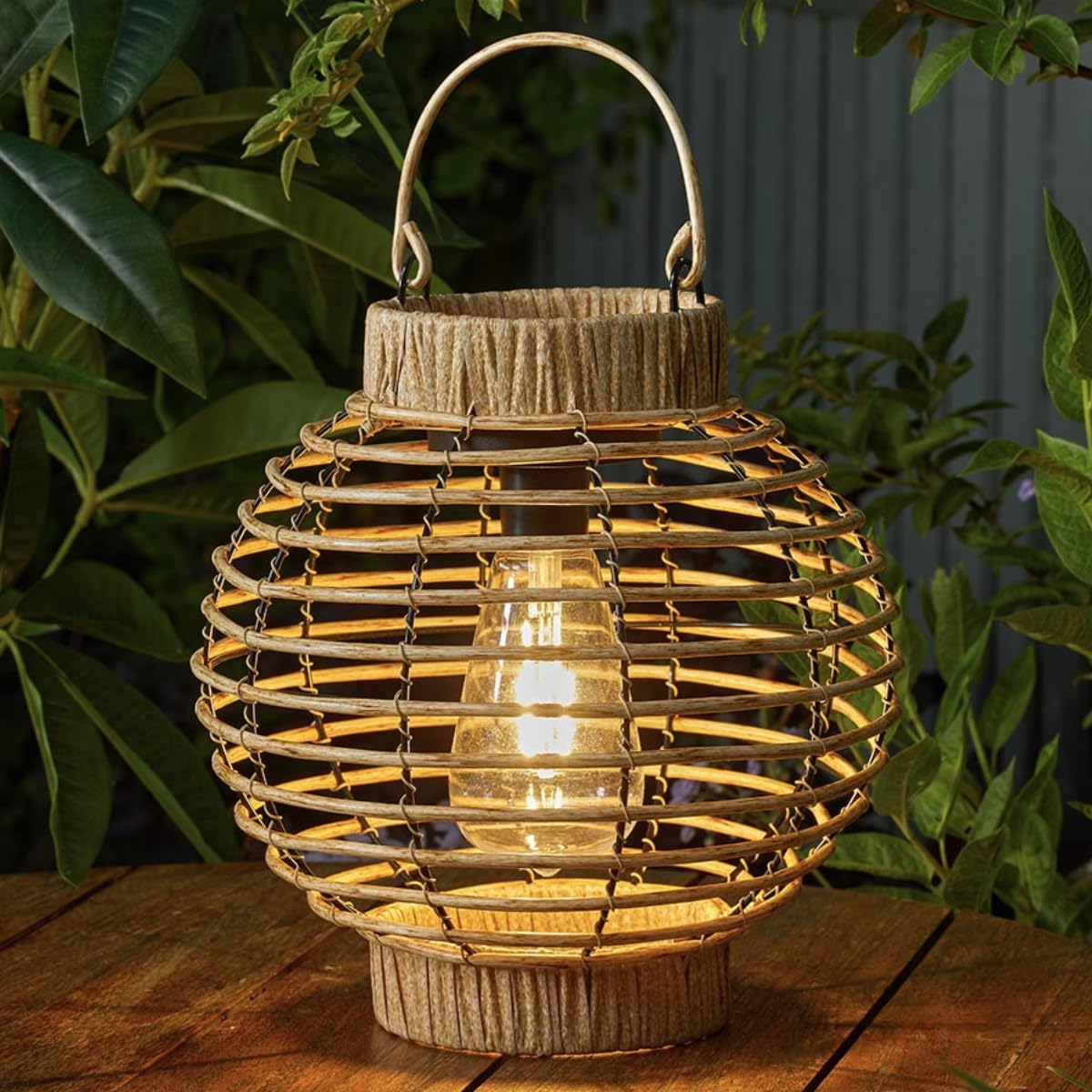 Festive Lights - 23cm Solar Brown Terra Rattan Effect Hanging Garden Lantern - Outdoor Filament Style LED Warm White Light, Faux Wicker - IP44 Weather Resistant Decor for Pergolas & Tables