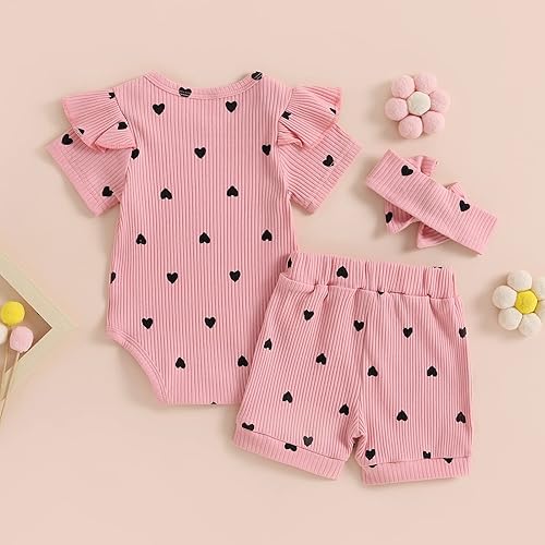 Miniatura 7 de Conjunto de 3 piezas de ropa de verano para bebé recién nacida, con volantes, manga corta, cintura elástica, pantalones cortos y diadema