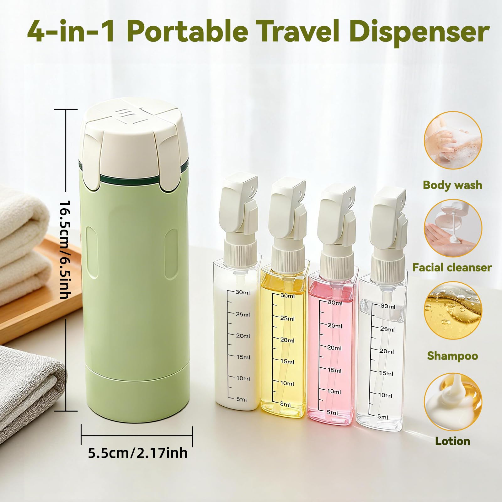 4 in 1 Travel Dispenser,Travel Shampoo and Conditioner Bottles,Refillable Leak Proof Containers Toiletries for Vacation and Business Travel 120ML - 3