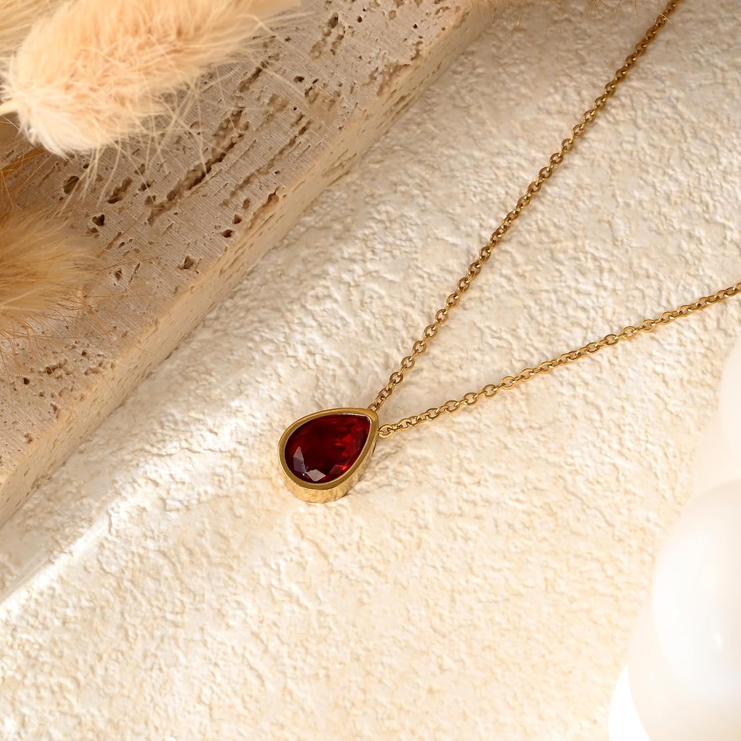 14K Gold Plated Ruby Necklaces for Women Red Teardrop Crystal Pendant Necklace Birthstone for Christmas or Daily Wear - Image 6
