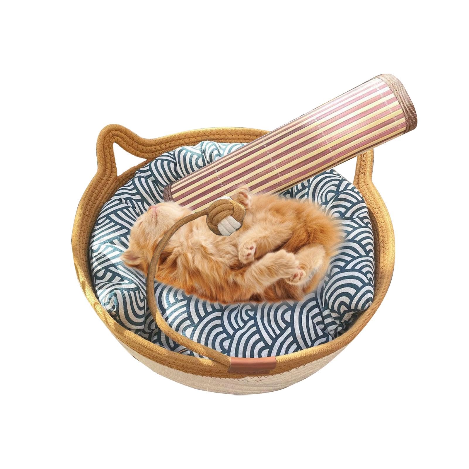 Nid de Panier de lit pour Chat, Panier de lit tissé pour Chat,Maison pour Animaux de Compagnie tissée à la Main avec Balle de Corde à Jouer | Tampon à gratter en Forme de Chaton en Lin de Coton