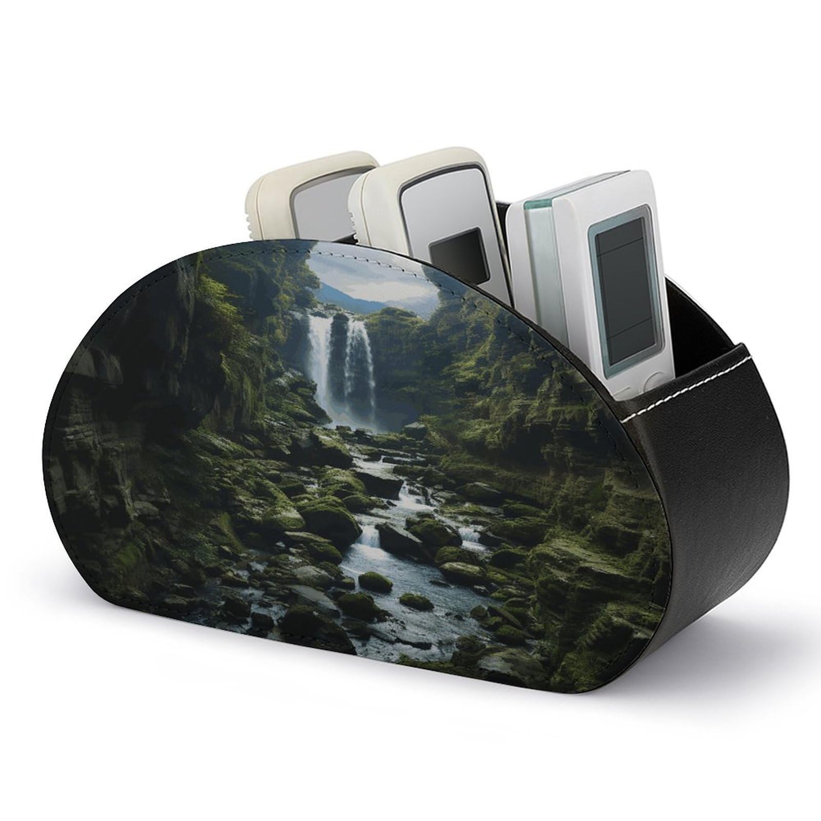 FekiLoot Waterfall Cliff Remote Control Holder, PU Leather Remote Control Organizer Box Stationery Remote Control Box Desk Storage Organizer for DVDs,Glasses,Pens,Media Players