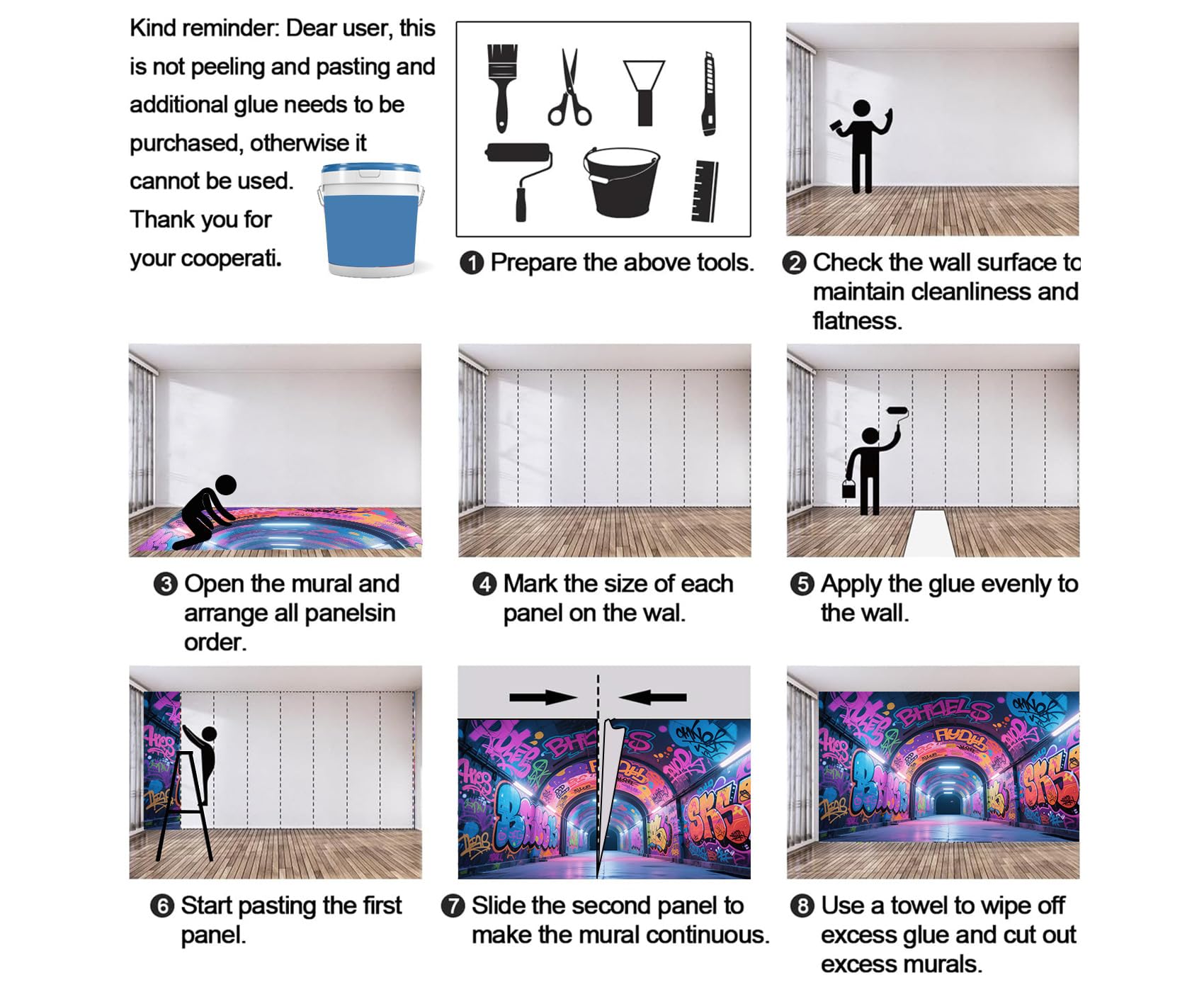 Graffiti Tapete Wandbilder, Neon Graffiti Schlafzimmer Tapete, Street Art Wandpapier für Wohnzimmer, nicht selbstklebende Tapete, Hip Hop großes Wandbild & Raumdekor 350 x 250 cm