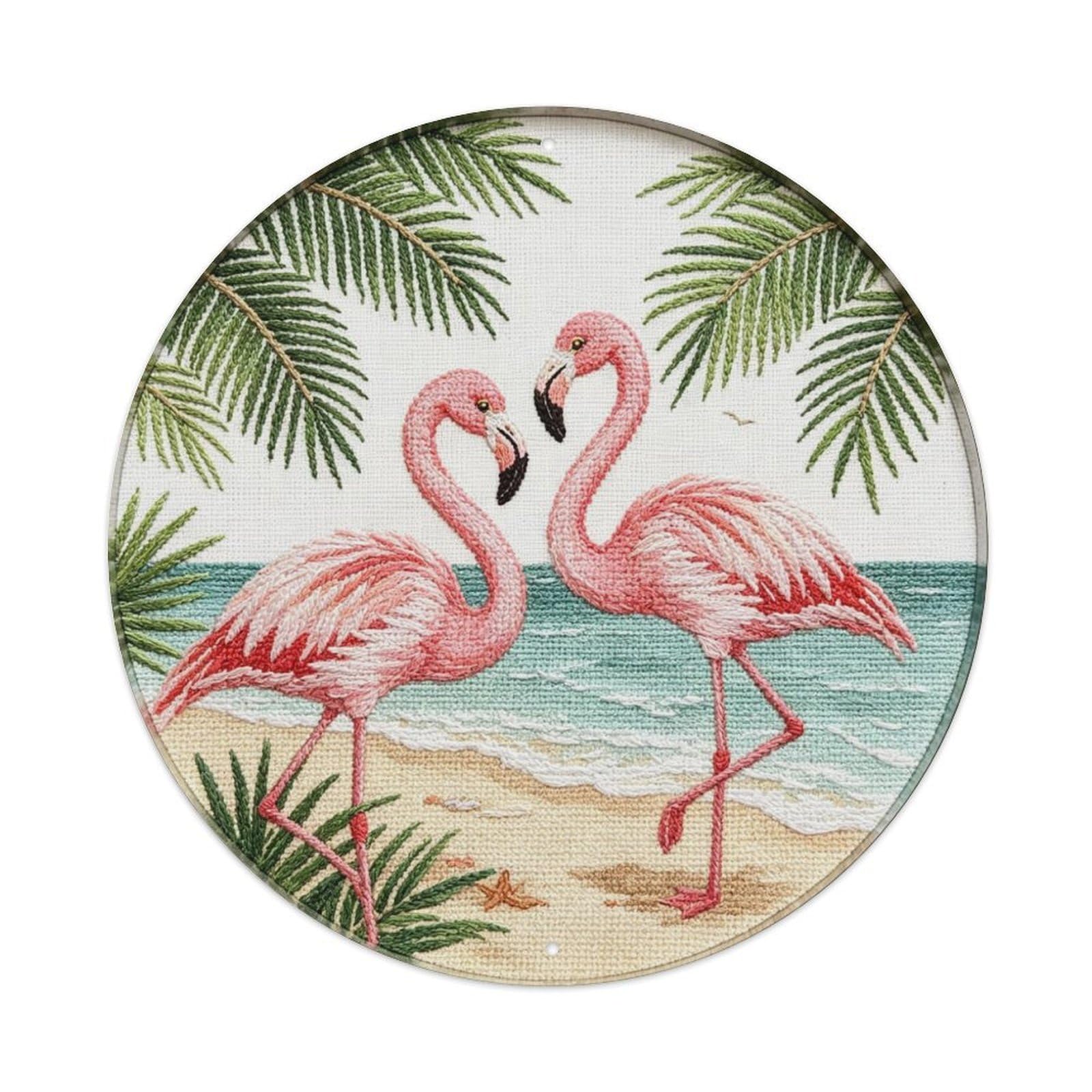 Tropical Flamingo Embroidery Metal Tin Sign Plaque