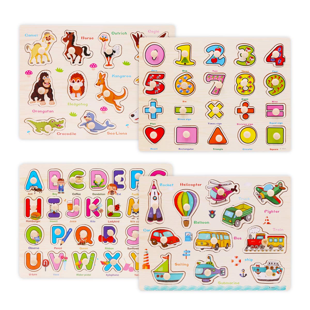 Wooden Peg Puzzles for Toddlers 1 2 3 Years Old, WOOD CITY Alphabet & Number Puzzles for Kids, 4 Pcs Toddler Puzzles Set - Letters, Numbers, Animals and Vehicles, Learning Toys Gift for Girls and Boys