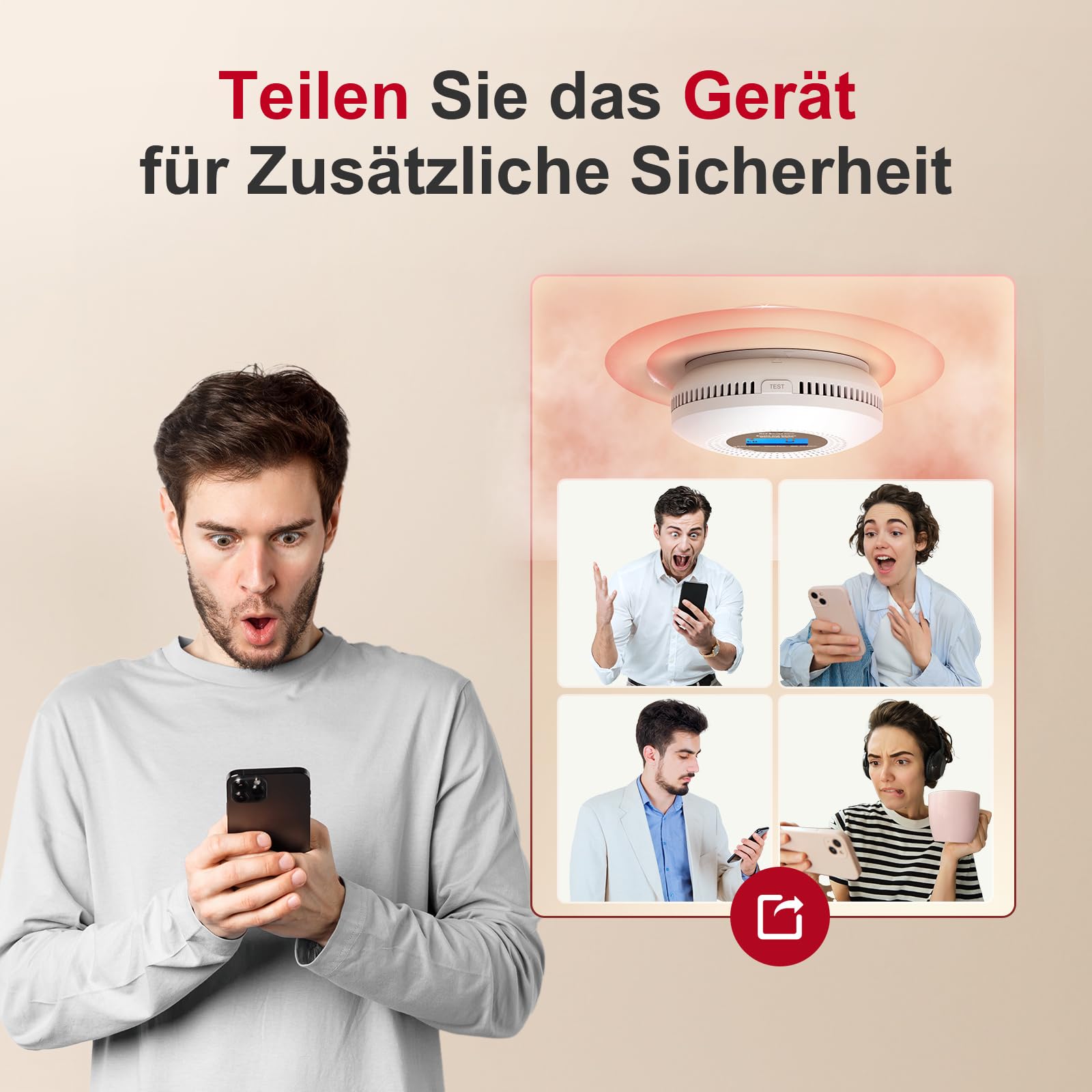 PHYSEN 2 in 1 WLAN Rauch und CO Melder, Rauchmelder und Kohlenmonoxidmelder mit Hochpräzise LCD-Digitalanzeige, Prüftaste und Austauschbare Batterie, EN14604 & EN50291 Standard Zertifiziert, 1St
