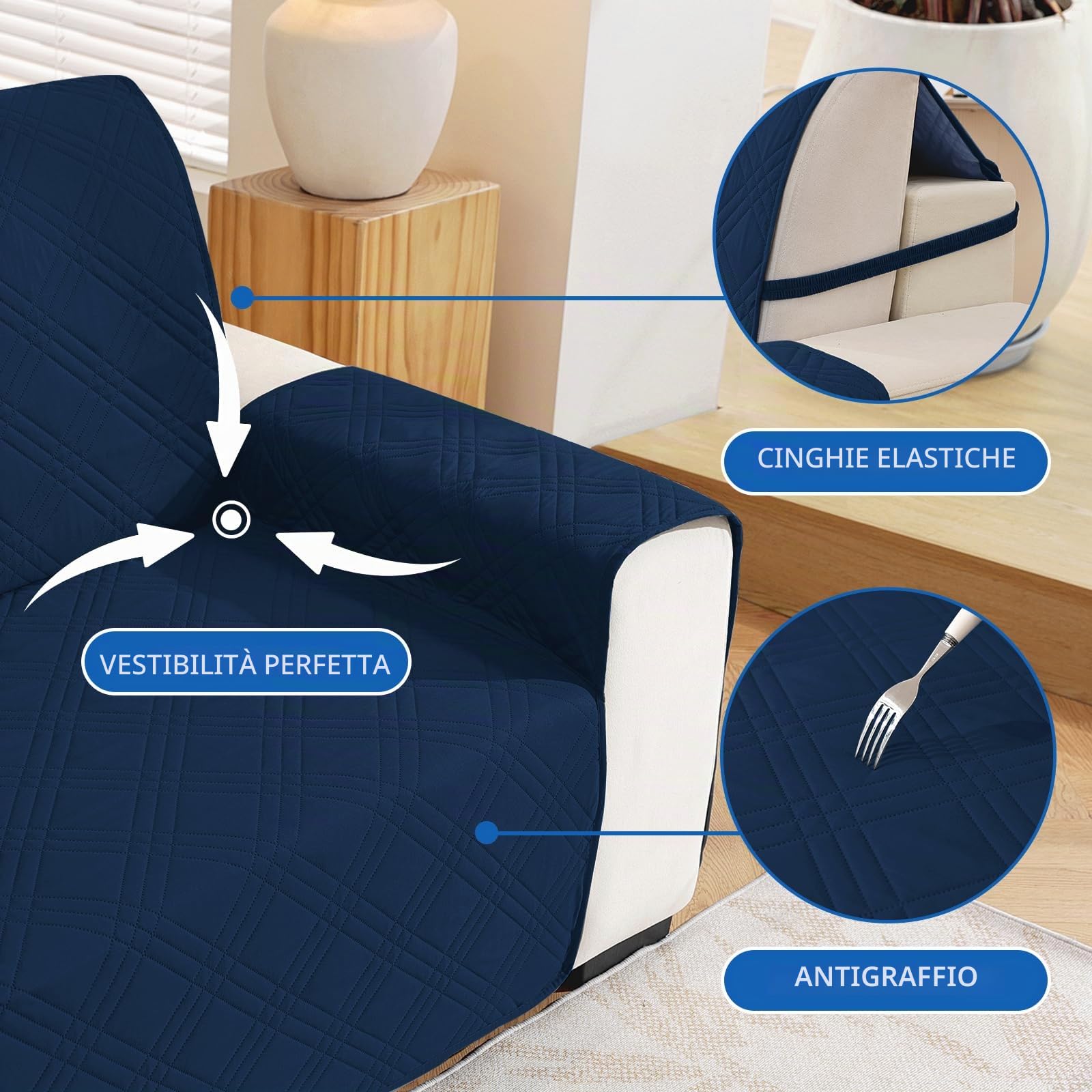 Ystyle Copridivano 3 Posti Con Braccioli, Reversibile Copri Divano Antigraffio A Sinistra Destra, Copertura Divano Trapuntato Doppio Lato, Copridivano L (255cm, Blu Berlino + Grigio Blu)