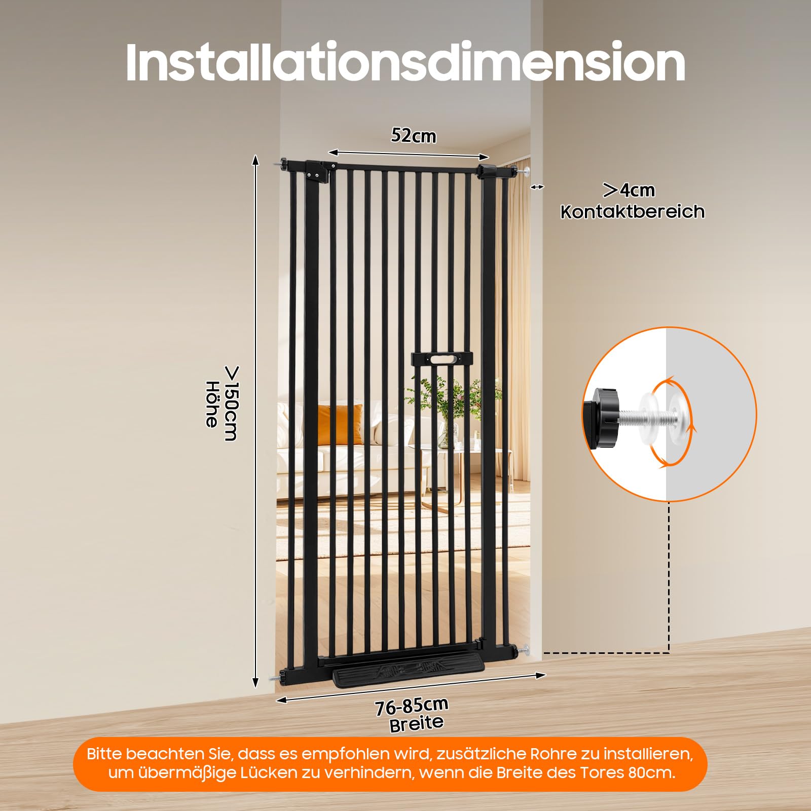 Barrera de seguridad para escaleras, sin agujeros, 150 cm, para niños, para perros, con cierre automático, ajustable, 76-85 cm, color negro