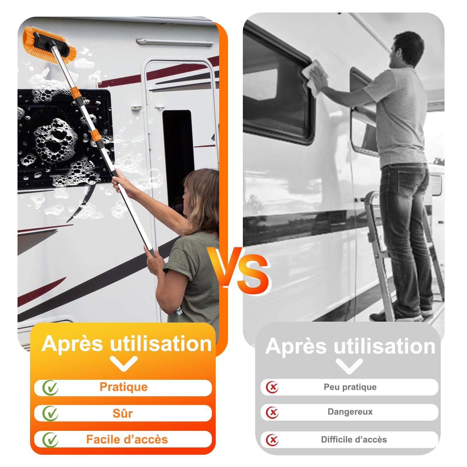 LAANPOLE Brosse Lavage Voiture 3,6m, Brosse Nettoyage Voiture avec Poils Doux 30cm Et Distributeur De Savon, Balai Nettoyage Voiture avec Perche Télescopique pour Camping-Car, Camion, Bateau, Orange