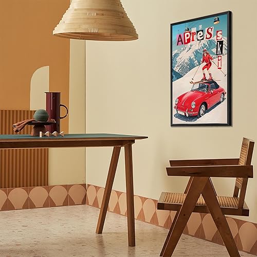 Miniatura 4 de Vintage Red Car And Skiing Sports Girl Wall Art Retro Apres Ski Girl Canvas Posters Funky Modern Snow Scene Prints Painting For Living Room Bedroom