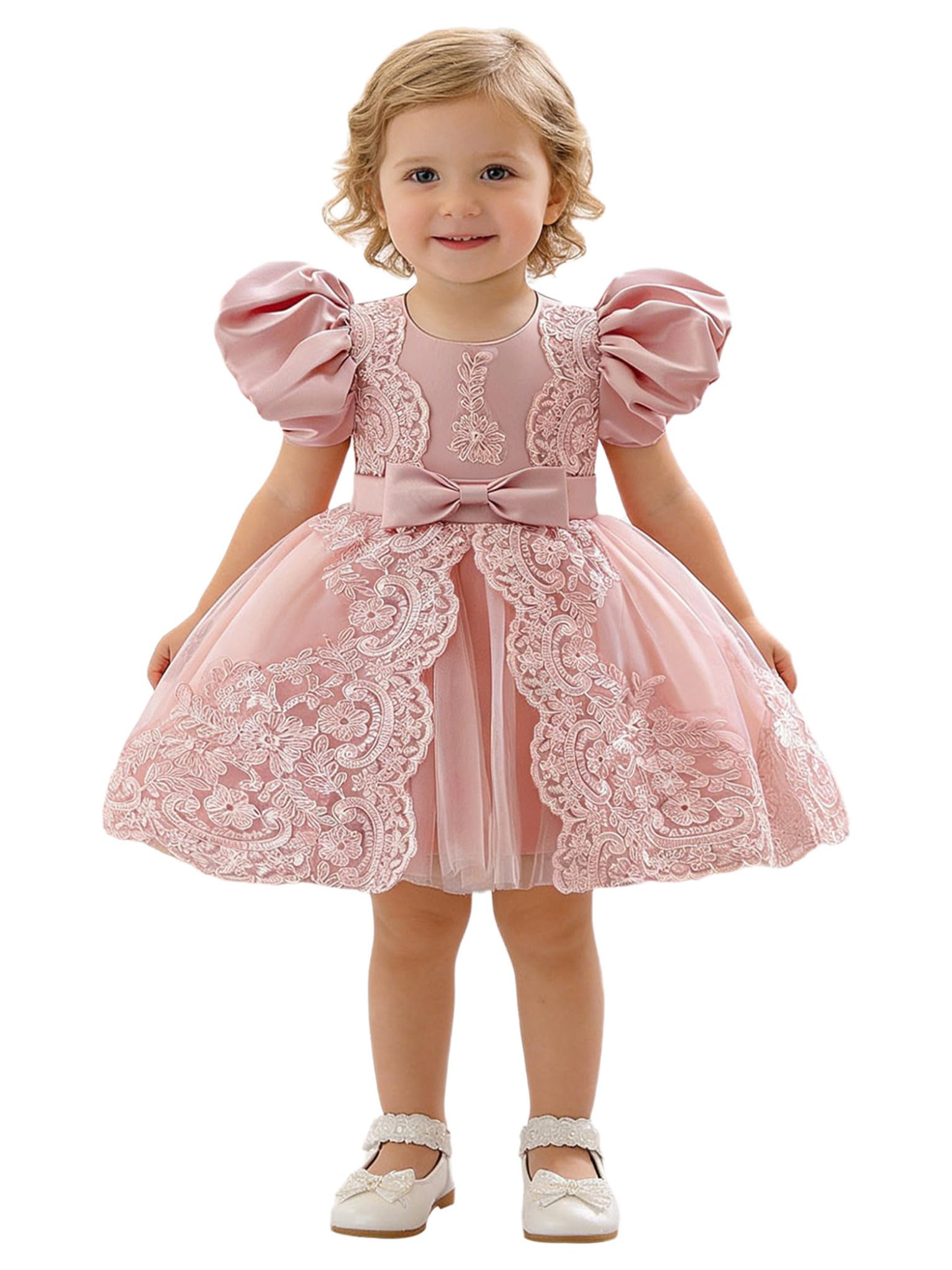 Vestito da Battesimo Bimba Neonata con Fiocco Maniche Corte a Sbuffo Abito Elegante da Principessa Tutu in Tulle per Festa di Compleanno Matrimonio Cerimonia