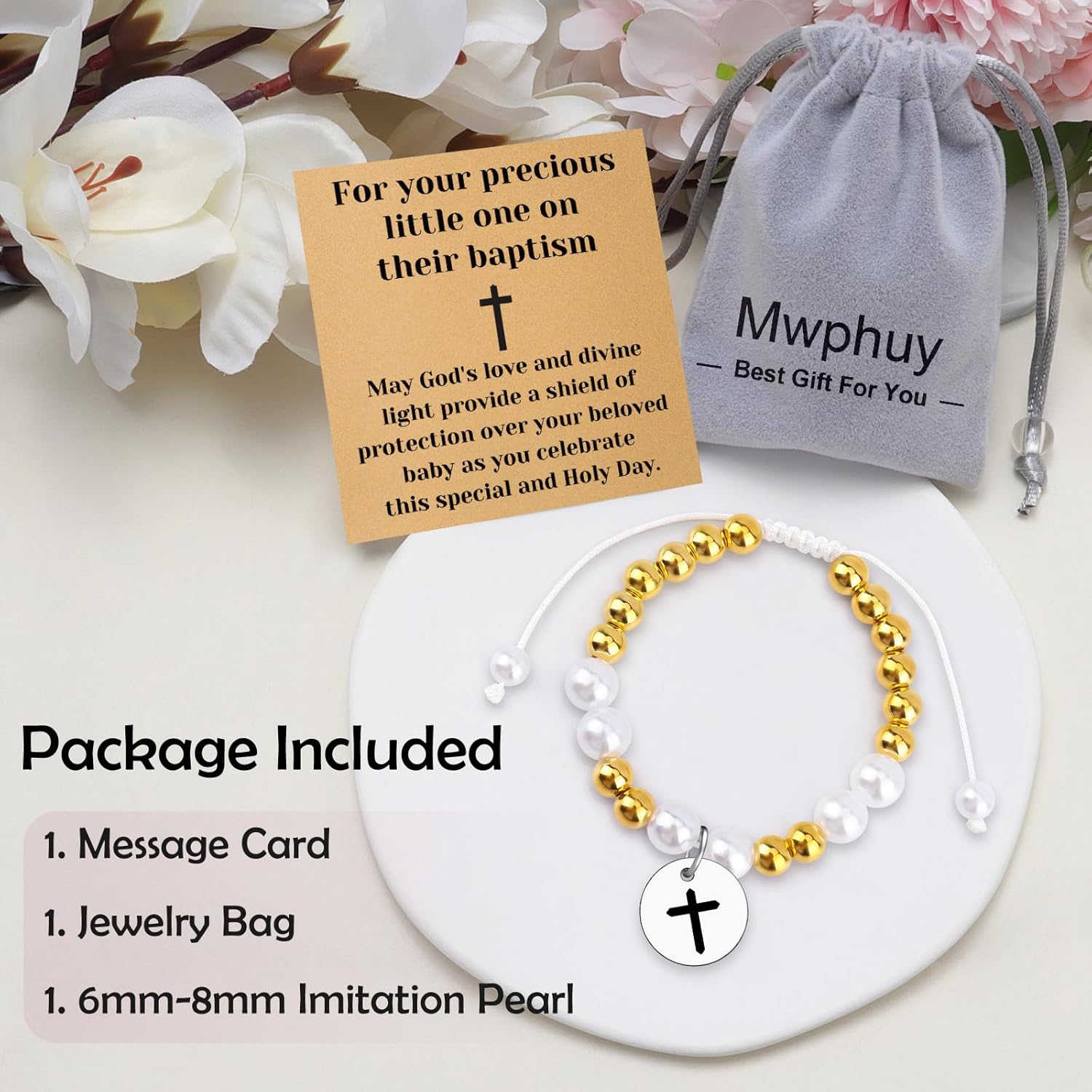 Mwphuy Christian Baptism Gifts for Women Friend Religious Bracelet Jewelry Baptism Communion Confirmation Gifts for Women Daughter Granddaughter Beaded Bracelet Christmas Birthday Gift - Image 7