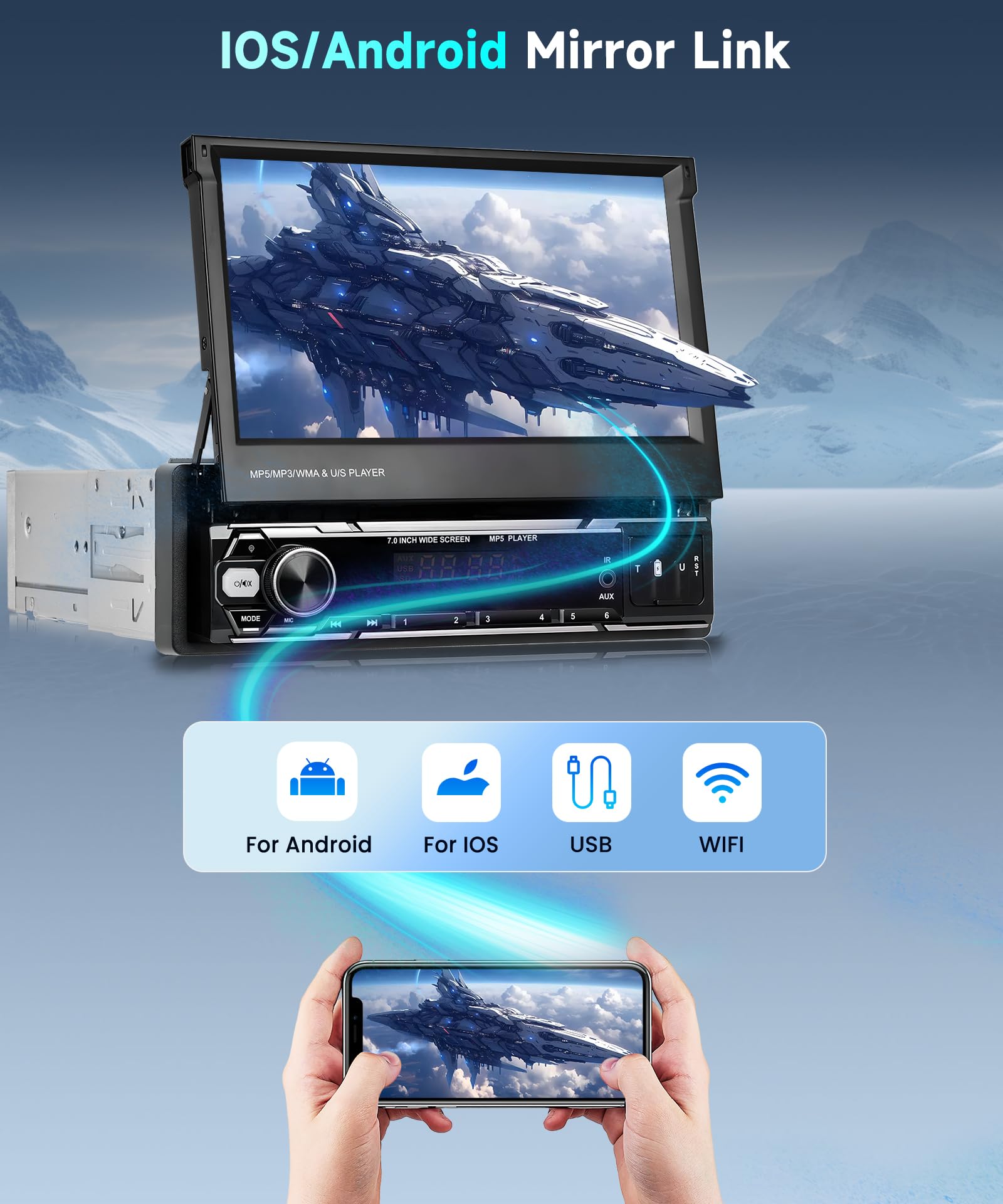 Rimoody Autoradio 1 Din Wireless Carplay Android Auto con 7 Pollici HD Schermo Touchscreen Ribaltabile Autoradio con Bluetooth GPS Navi Mirror Link FM/AM/RDS Radio TF/USB/AUX Telecamera Posteriore
