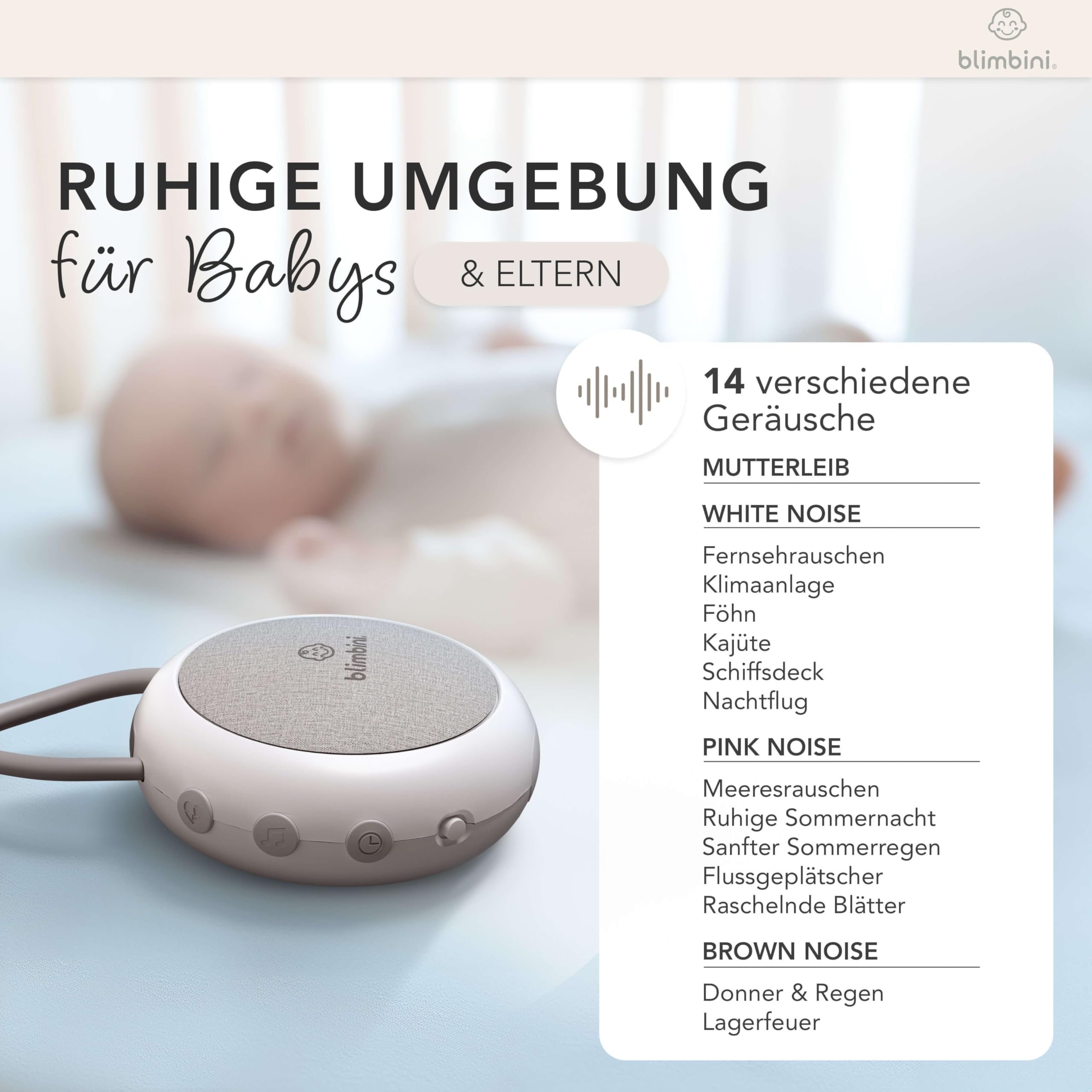 White Noise Machine Baby - Einschlafhilfe für Babys mit Nachtlicht - Regengeräusche zum Einschlafen, Meeresrauschen & Einschlafmusik - Sound Machine für unterwegs - weißes Rauschen Baby