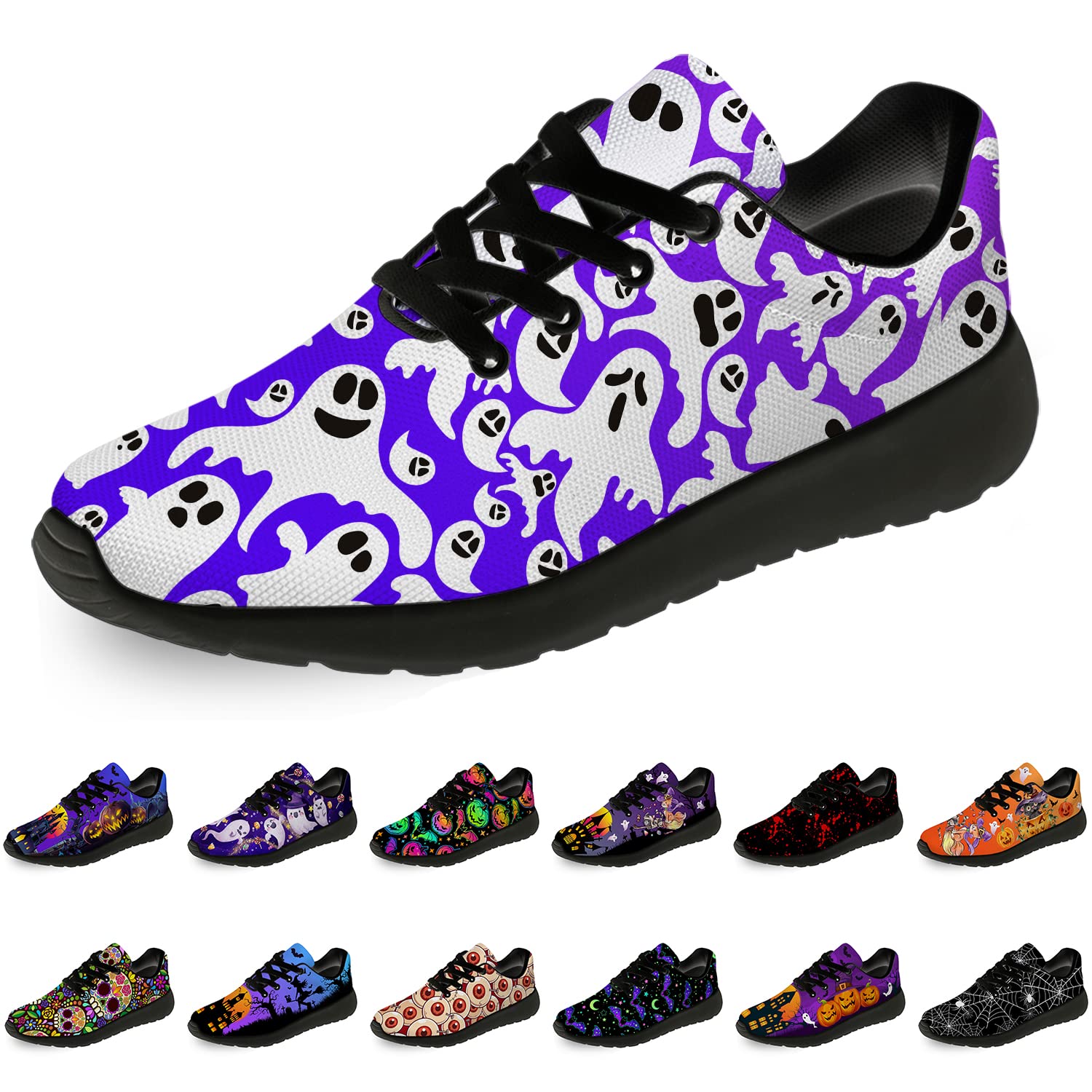 Mens Womens Ghost Shoes Running Shoes Walking Tennis Sneakers Halloween Themed Print Boo Purple Shoes Gifts for Boy Girl,Size 9.5 Men/11 Women Black