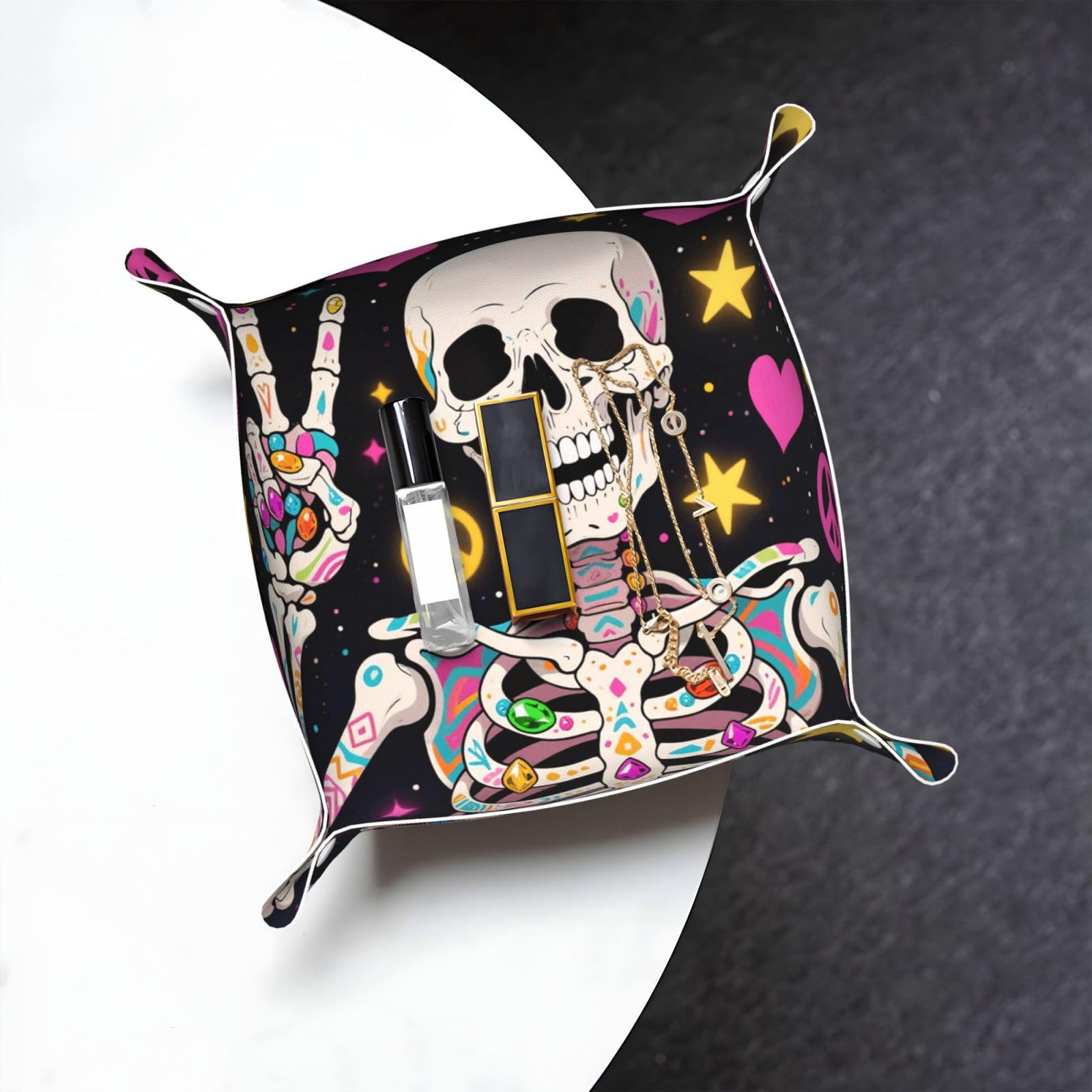 Hippie Skull Valet Tray Organizer Pu Leather Travel Catchall Tray Organizer Portable Jewelry Tray Storage Keys Tray for Entryway Table Coins Watches Candy