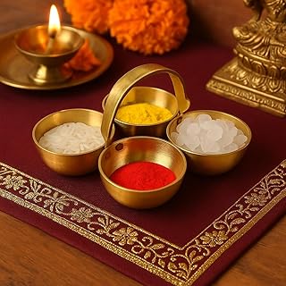 Pure Source India Pure Brass Small Pooja Roli, Chawal, Haldi, Kumkum Katori/Chawmukh with Handle for Home Mandir (8.5 X 8.5 CM) (Gold) (20 ml)