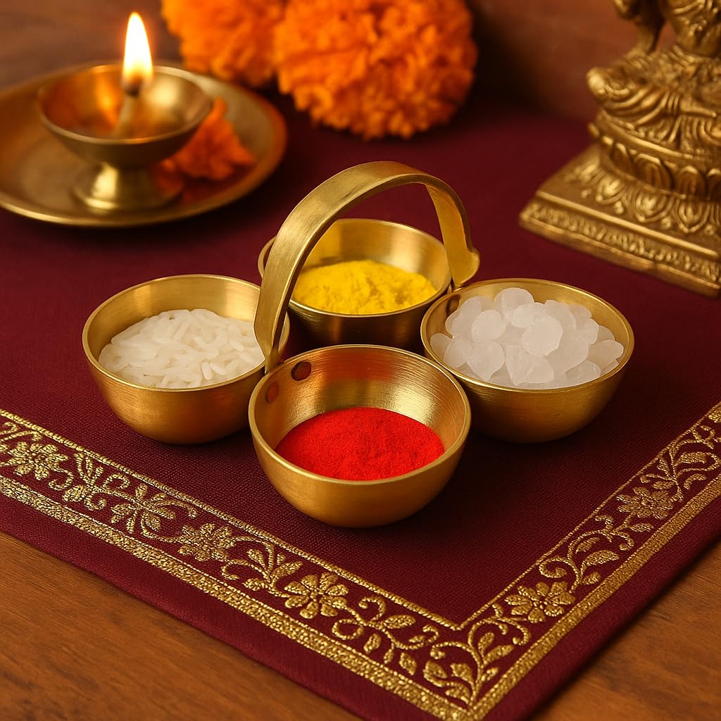 Pure Brass Small Pooja Roli, Chawal, Haldi, Kumkum Katori/Chawmukh with Handle for Home Mandir (8.5 X 8.5 CM) (Gold) (20 ml)