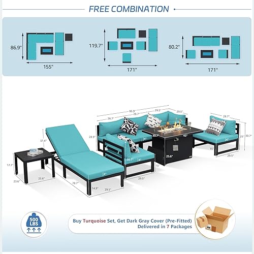 Miniatura 342 de NICESOUL 7 Piece White Powder-Coated Aluminum Patio Furniture with Fire Pit Table, 29 Inch Extra Wide Outdoor Sectional Sofa for 6, High-End Heavy