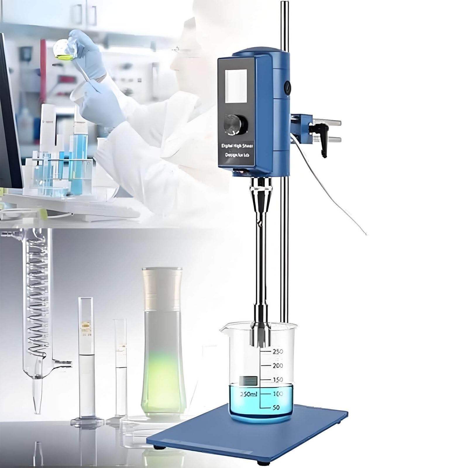 Labor-Homogenisator mit hoher Schere, Geschwindigkeit einstellbar 2000–28000 U/min, LCD-Display, Timer, Kapazität 5–10000 ml, Labordispergator Emulgator zum Mischen und Homogenisieren