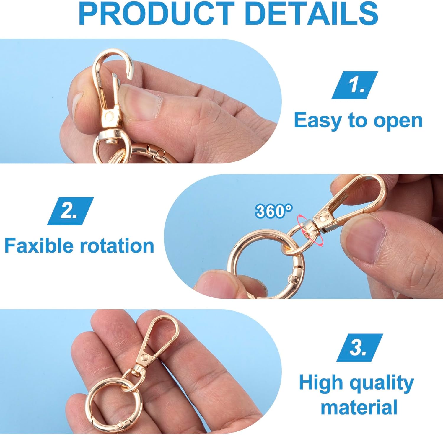OIIKI 2 Sets Swivel Clasp Clips, Metal Swivel Snap Hook with 2 Sizes, Double Opening Key Chain Clip with Key Ring for DIY Crafts, Jewelry Clasps, Lanyard Making - Gold - Image 3