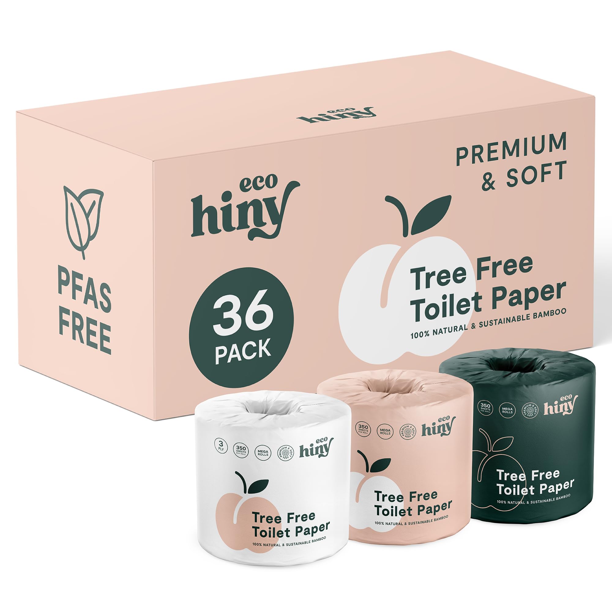 ecoHiny Carta igienica premium e morbida in bambù, 36 rotoli mega, 3 strati e 350 fogli, certificata FSC, senza PFAS, senza BPA, sicura per i setti, senza alberi, confezione senza plastica