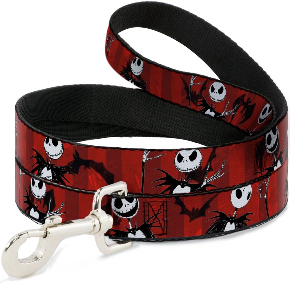 Buckle-Down Dog Leash Nightmare Before Christmas Jack Poses Bats Red Stripe 6 Feet Long 1.0 Inch Wide, Multicolor, DL-6FT-WDY035