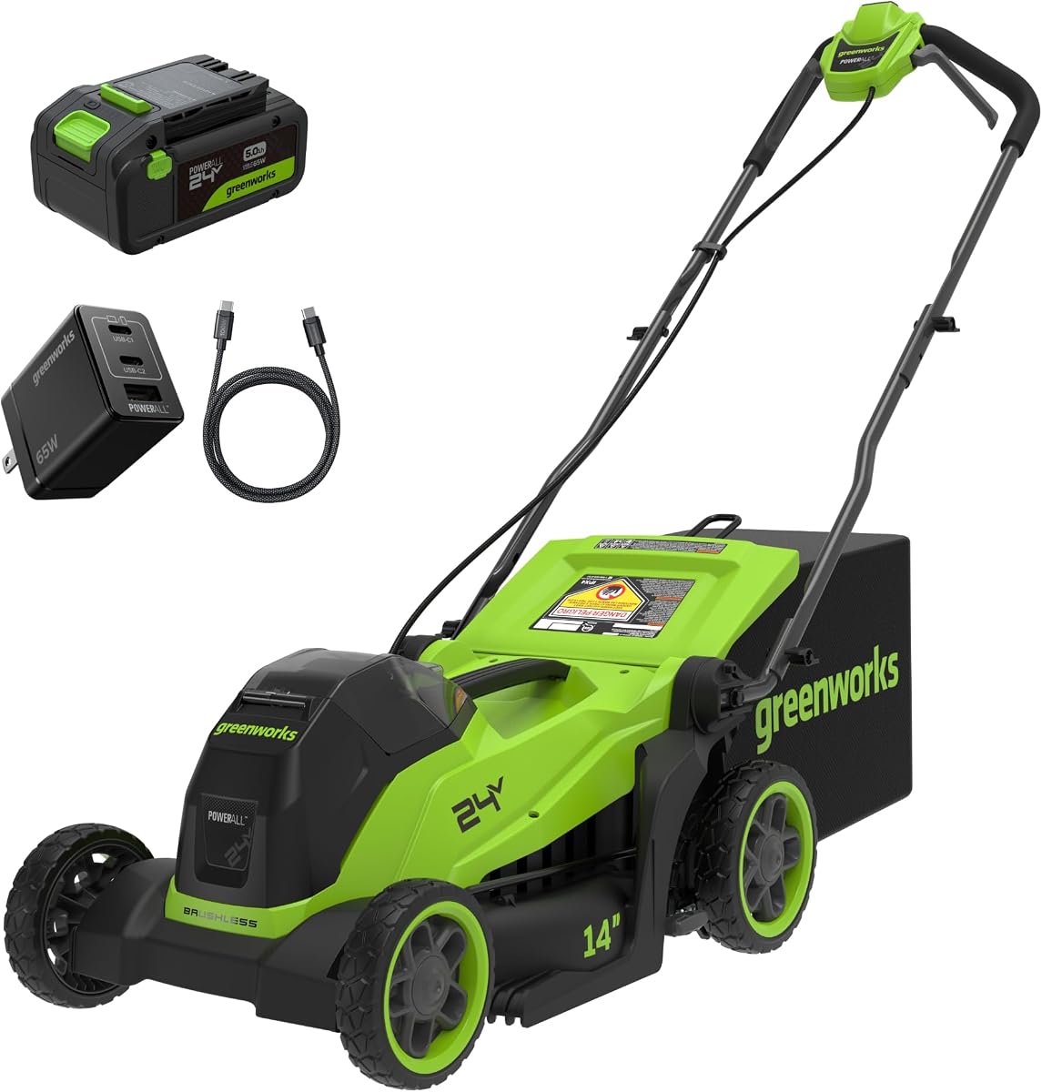 Cortacésped de empuje Greenworks de 24 V, 14 pulgadas, batería de 5 Ah y cargador