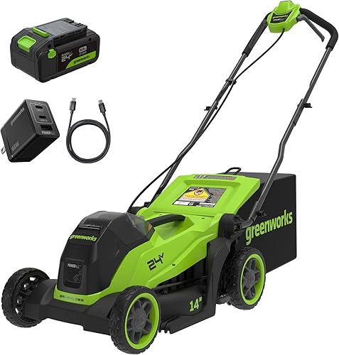Greenworks 24V 14″ Brushless Cordless Lawn Mower Kit with 5.0Ah USB-C Battery & 65W Type-C Charger