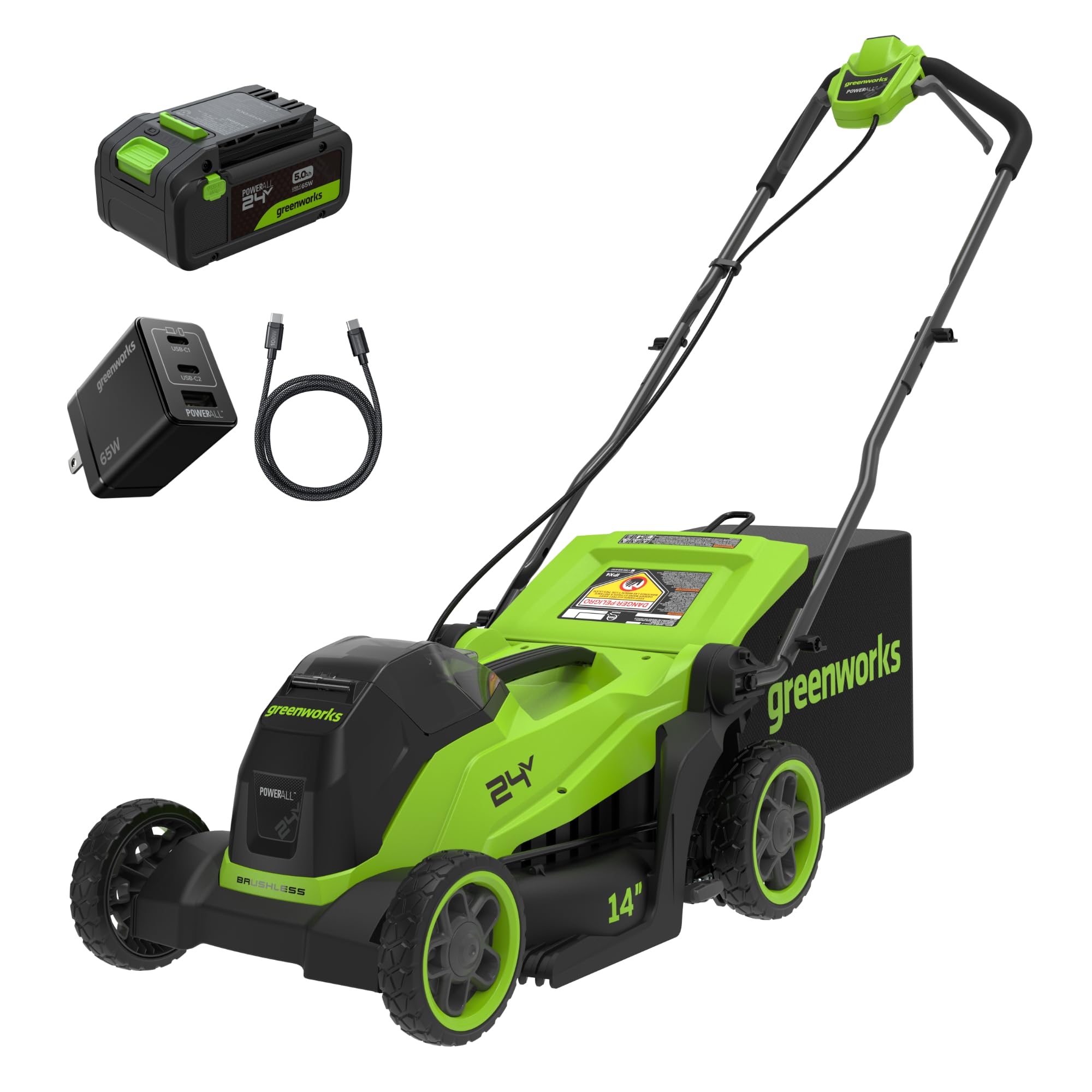Greenworks 24V 14″ Brushless Cordless Lawn Mower Kit with 5.0Ah USB-C Battery & 65W Type-C Charger